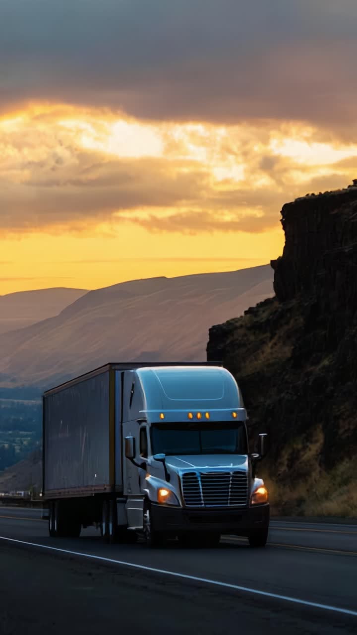 Un tramonto maestoso avvolge un camion su una strada remota, illustrando la bellezza di viaggiare attraverso paesaggi naturali e strade aperte in momenti di tranquillità