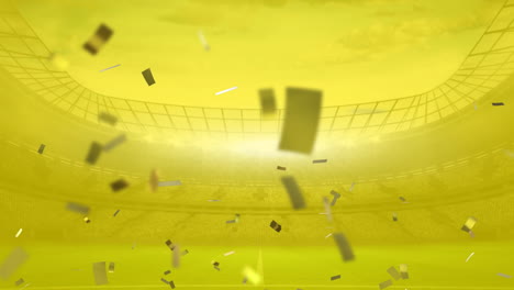 animation of gold confetti falling over empty sports stadium on yellow