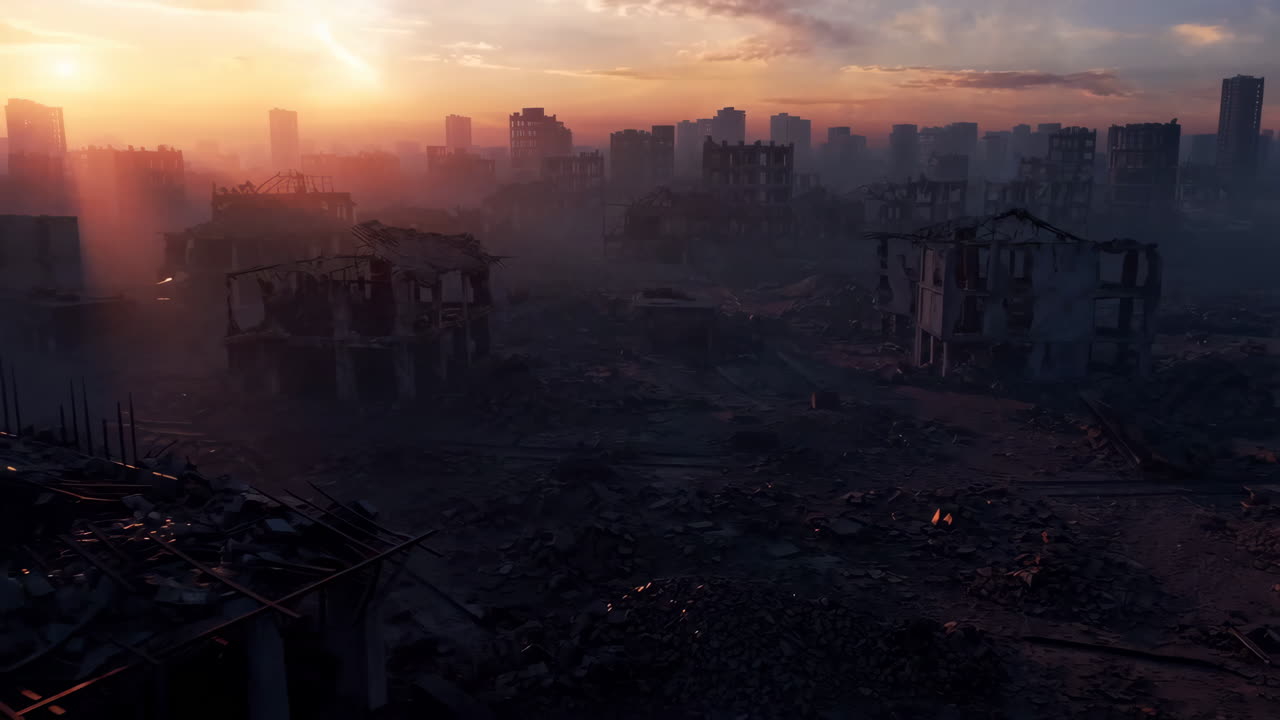 Desolate Urban Ruins at Sunset: A Post-Apocalyptic Landscape