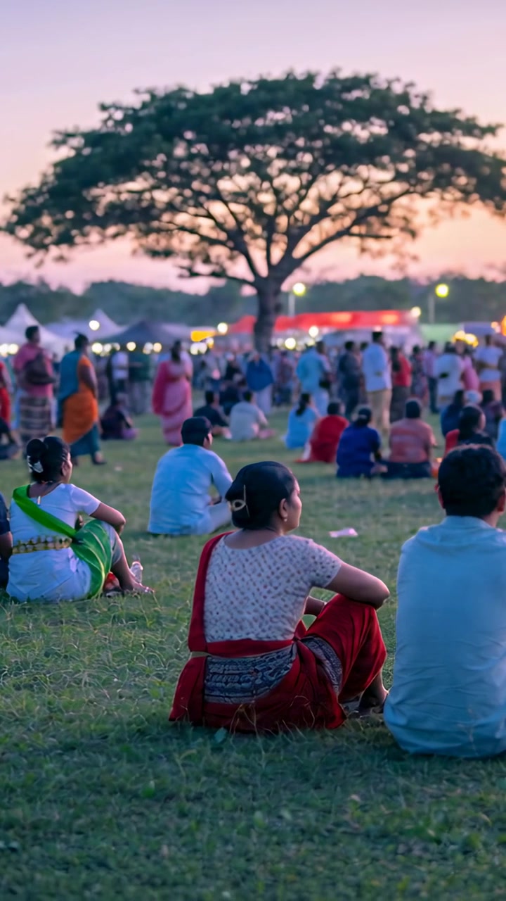 Vertical video: Sitting woman in red sari observing lit booths by tree at park, camera pulling back