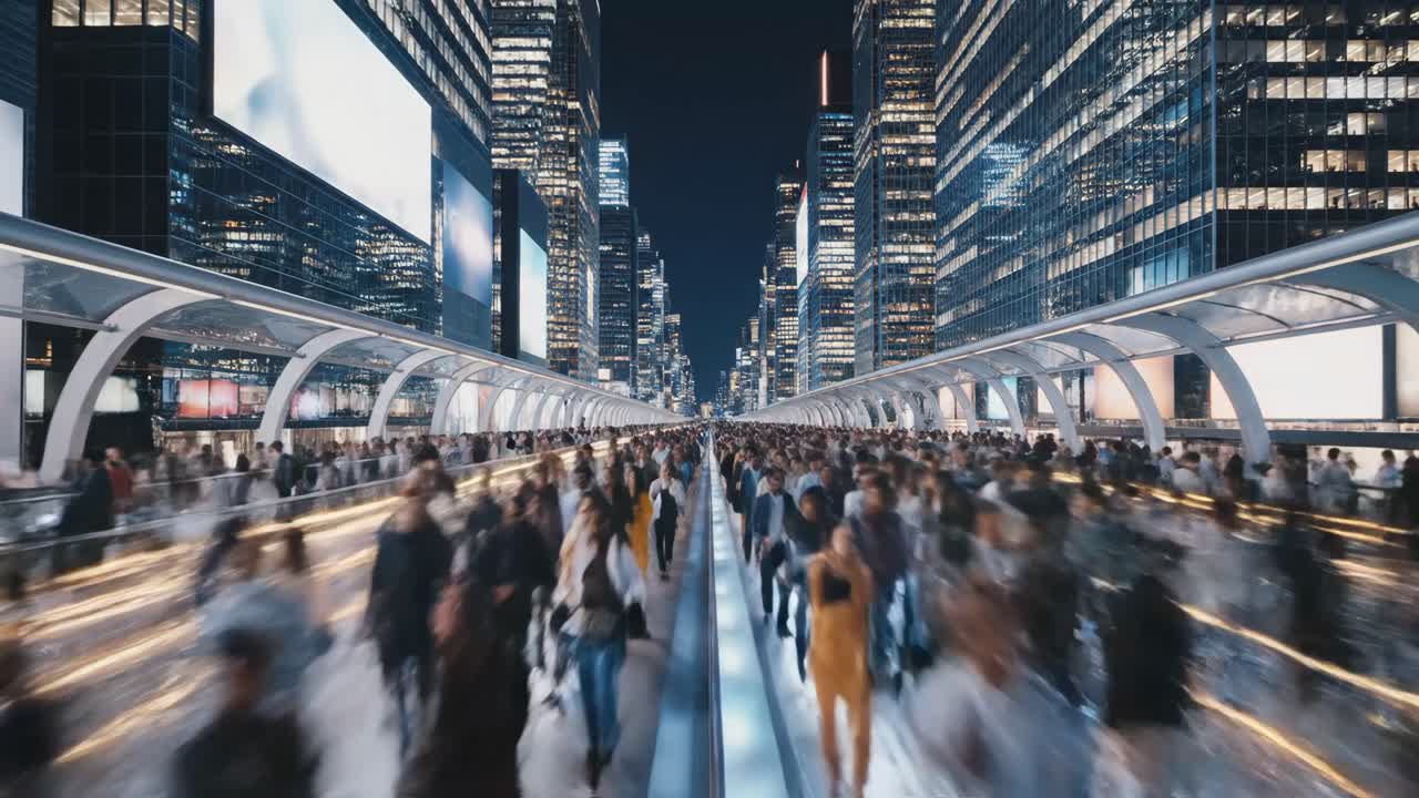 Futuristic City at Night with Crowds