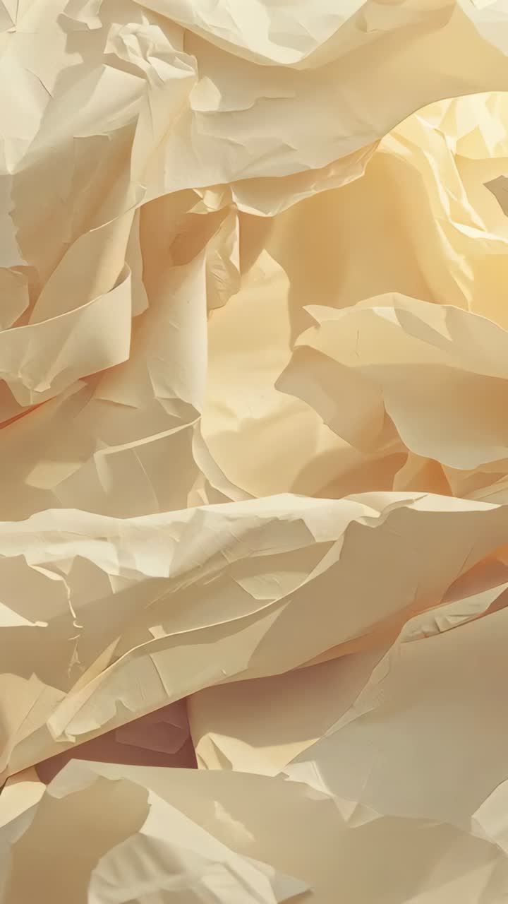 Vertical video: Panning camera revealing crumpled cream paper folds in studio, showing warm texture