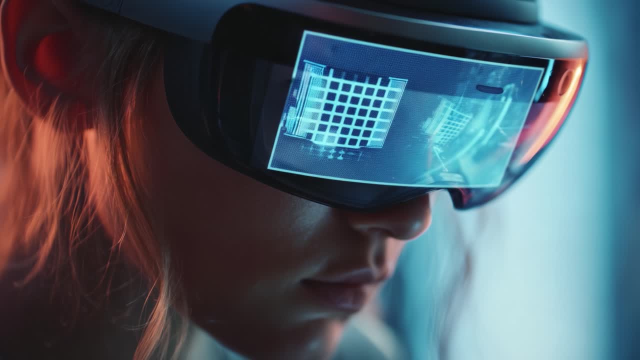 Exploring the Future of Technology: A Close-Up Look at a User Engaged with Innovative Augmented Reality Goggles, Immersed in a Virtual Environment with Dynamic Visuals