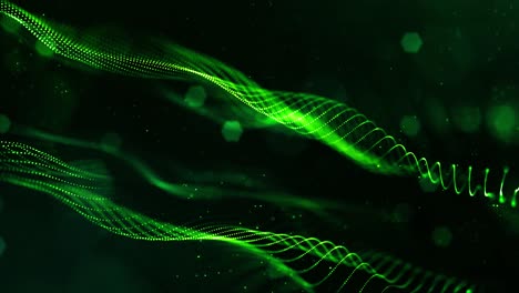 4k looped sci-fi green background with bokeh and light effects. glow green color particles form lines, surfaces, string structures as virtual space or hologram for hud screen. 6