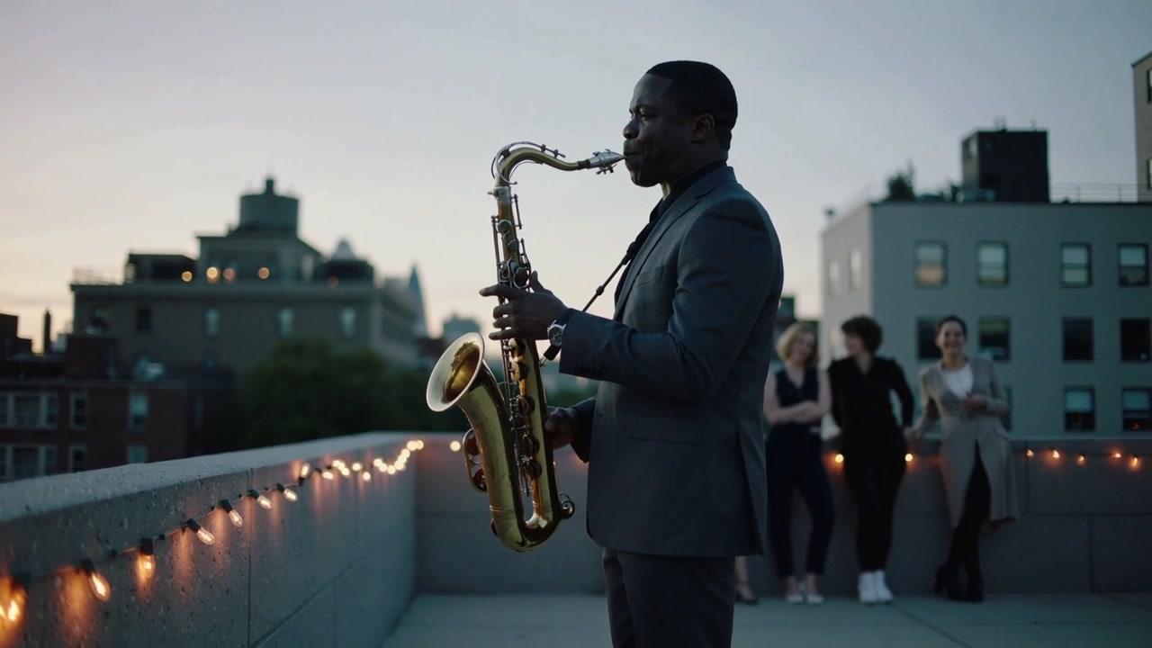Muž v obleku s hodinkami hraje na tenor saxofon na střeše za soumraku pro přátele přicházející zprava.