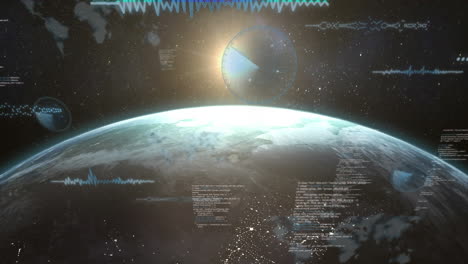 animación de radares, lenguaje informático, ondas sonoras, mapa sobre el globo contra el destello de la lente.