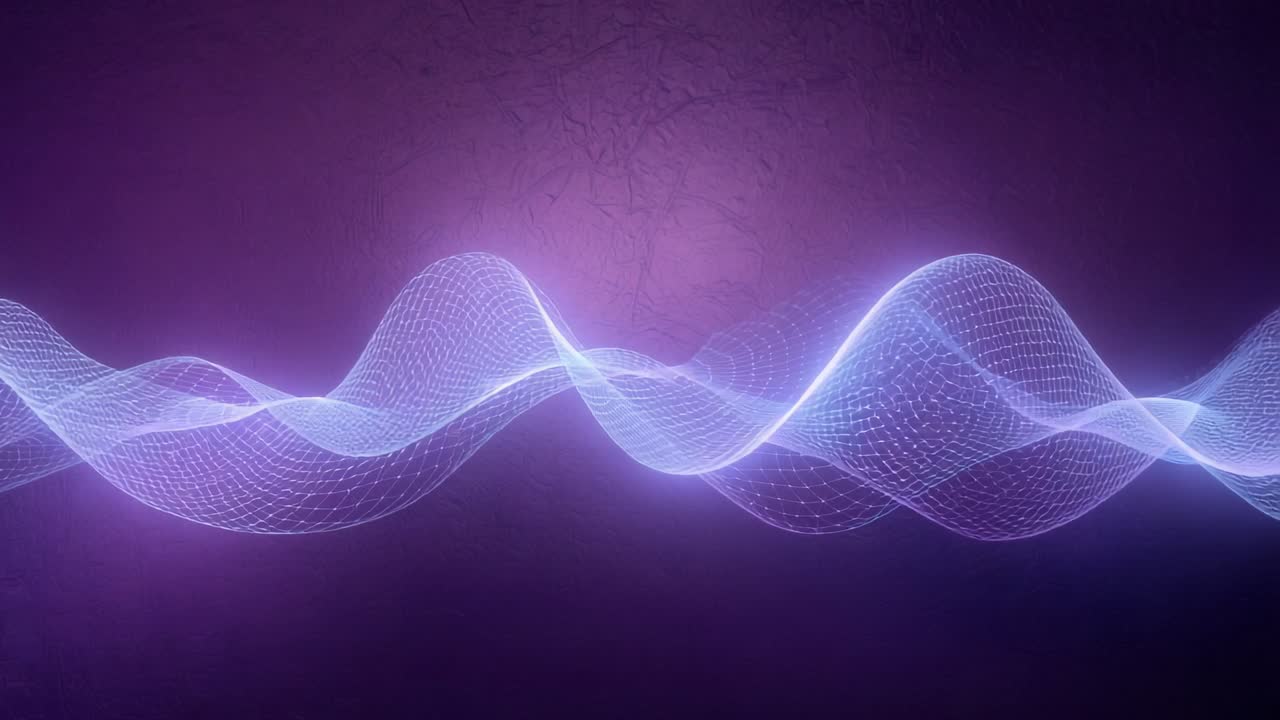 Materializing glowing mesh waveform undulating and drifting on purple backdrop, varying amplitude