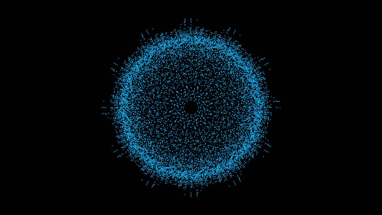 A sphere of blue particles forms intricate, kaleidoscopic mandala patterns on black background, abstract motion graphic for meditation or events