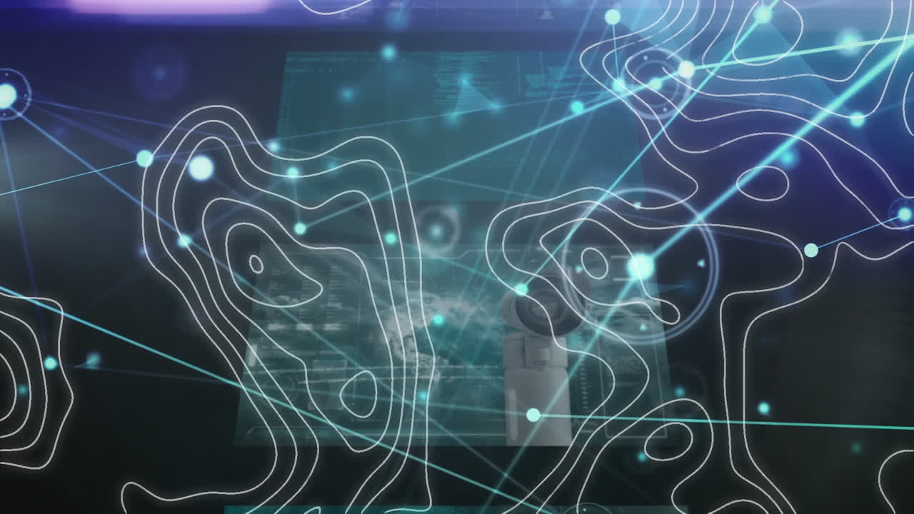 Animation of shapes and data processing on black background