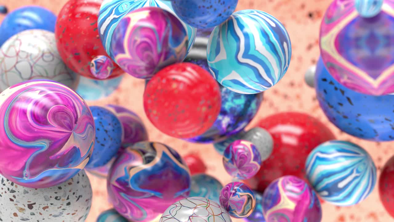 추상적인 다채로운 화려한 거품, 현대적인 트렌디한 배너 또는 포스터 디자인, 역동적인 점프 공과 텍스트를 복사하는 공간, 4k의 3d 애니메이션