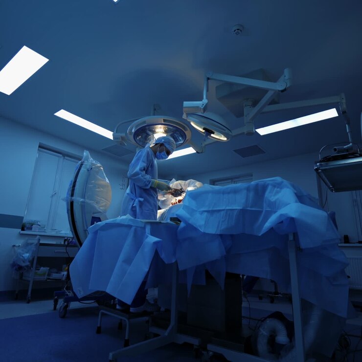 Surgery in operating theatre. Panoramic view on surgical room. Professional doctors performing operation to a patient in hospital. Blue light