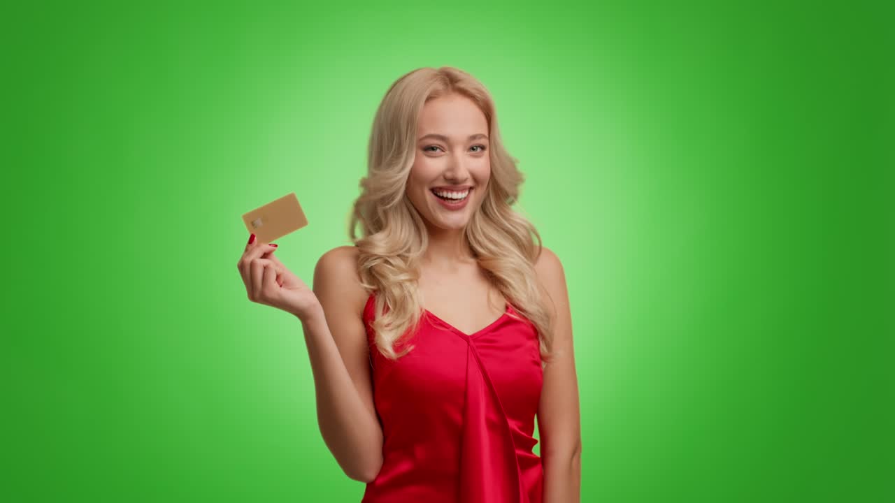 Donna bionda allegra che tiene in mano una carta di credito dorata su sfondo verde