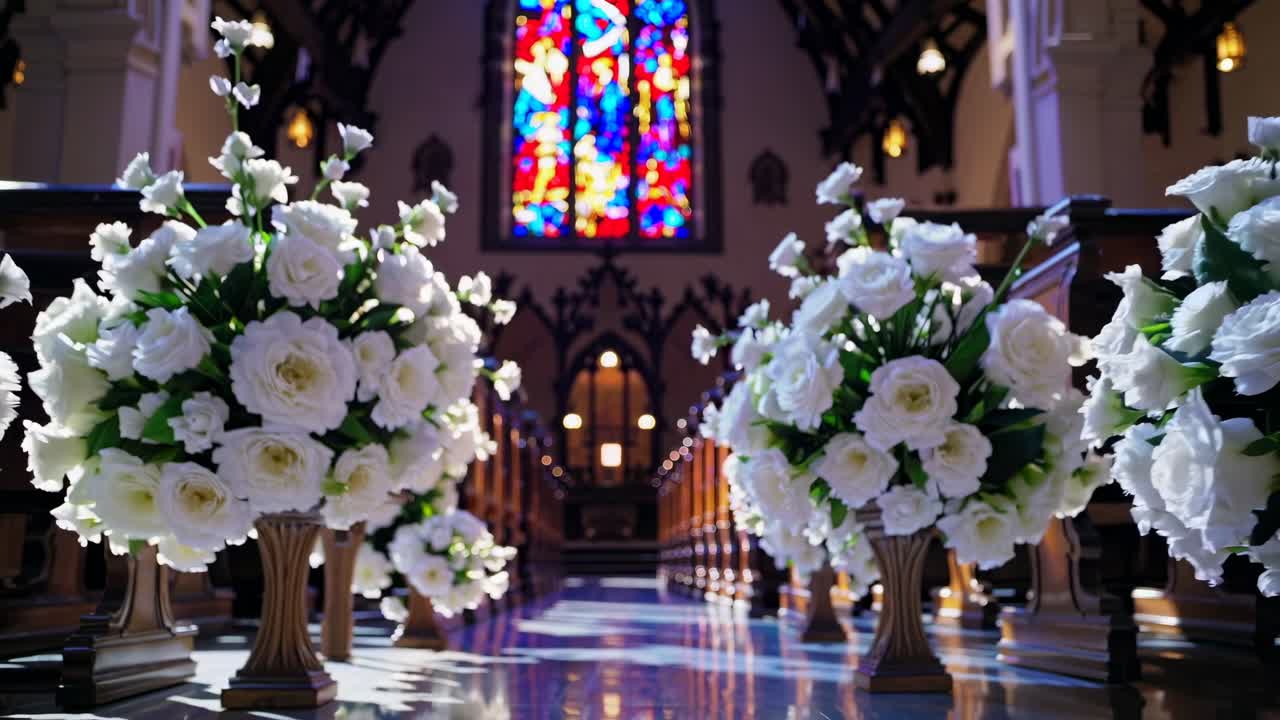 Navata di chiesa splendidamente decorata con fiori bianchi e vetrate artistiche.