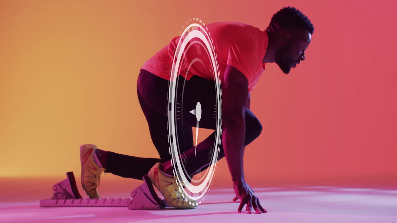 In starting position, athlete with dynamic circular animation overlay in background