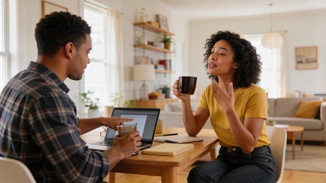 Vendo um gráfico no laptop, um homem de camisa xadrez apontando enquanto uma mulher de blusa mostarda compartilha café em casa.