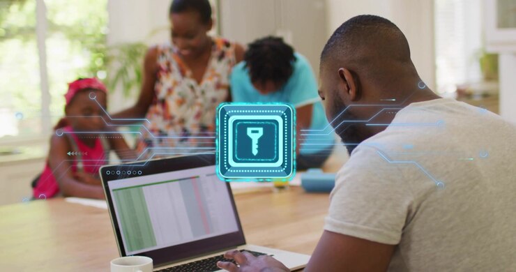 Man using laptop while woman aiding kids writing, tech overlay appearing over table for security