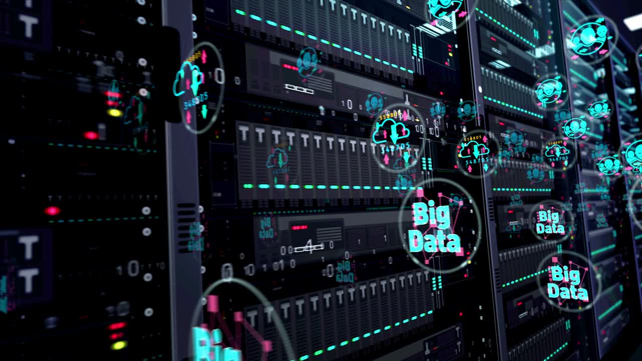 sala de servidores con grandes símbolos de tecnología de datos animación de bucle