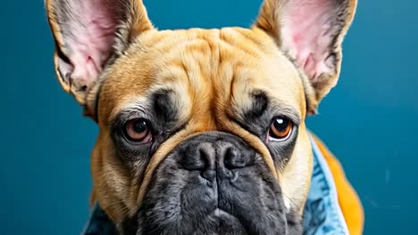 a french bulldog wearing a yellow jacket on a blue background