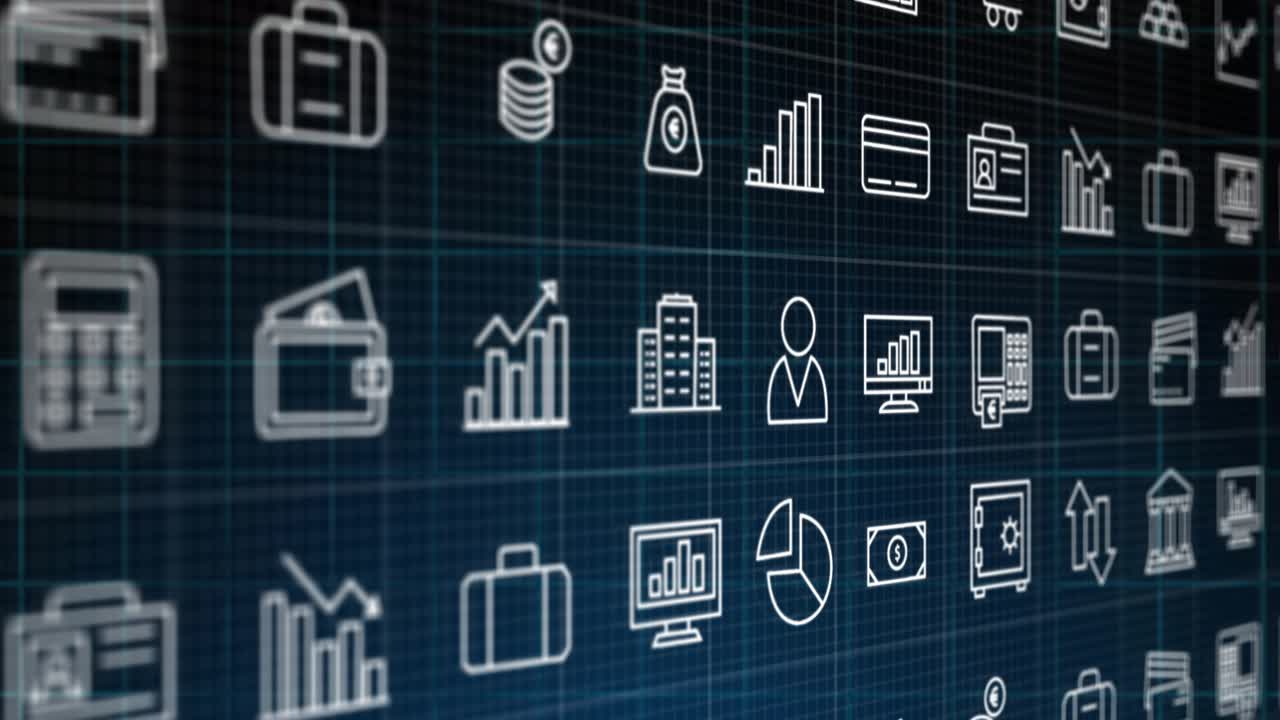 Financial icons reacting to faint ring appearing center, moving inward, scaling, settling into HUD