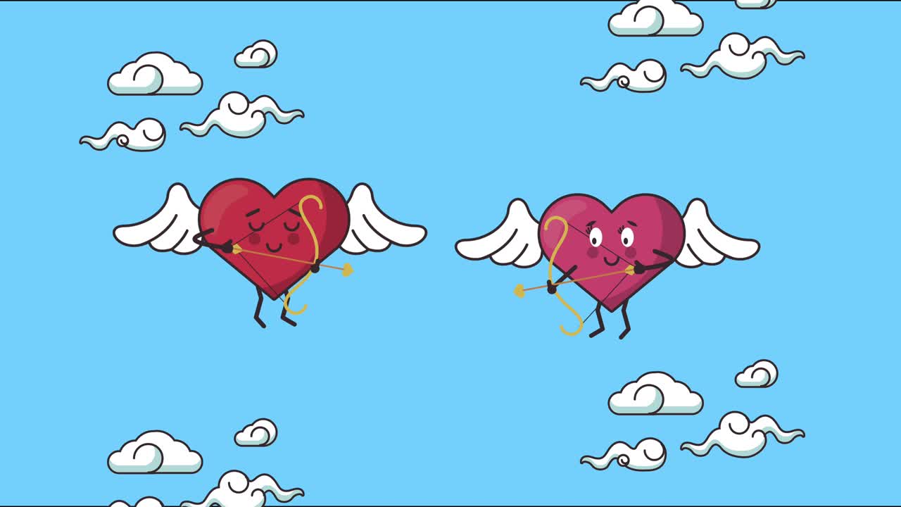 feliz tarjeta de día de san valentín con corazones pareja volando