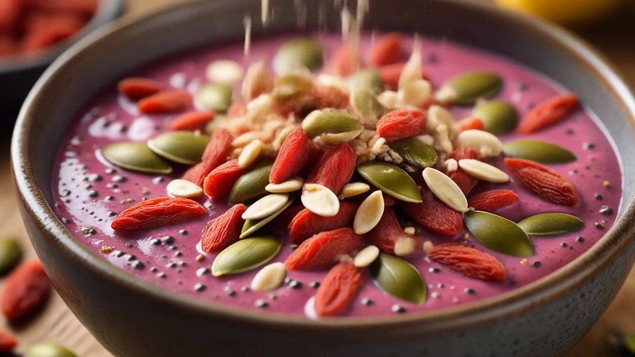 Espolvoreando aderezos sobre un tazón de smoothie de açaí saludable