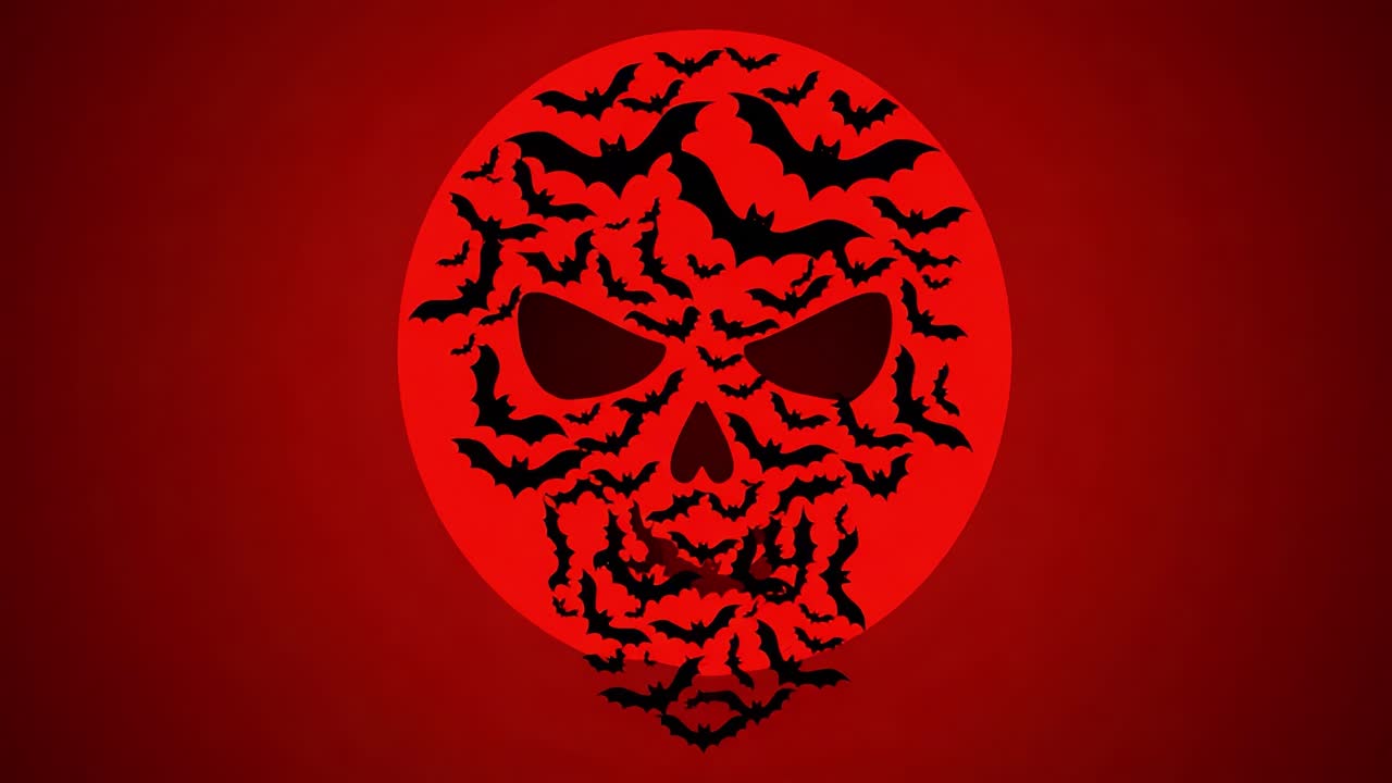 A Striking Contrast of Shadows and Light: A Sinister Skull Surrounded by Dark Bats Under a Blood-Red Moon Captures the Essence of Spooky Themes