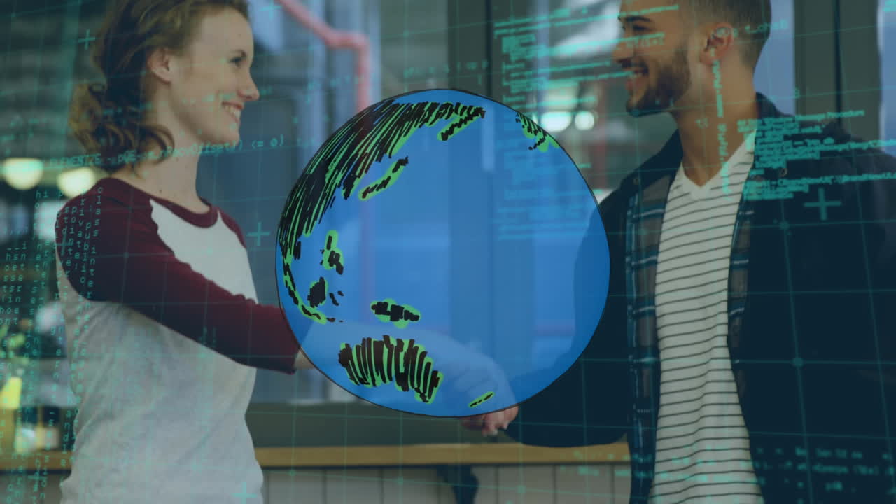 animación del globo y procesamiento de datos sobre personas que se dan la mano