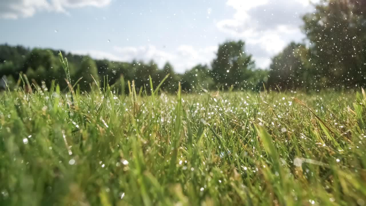 Unsuccessful Golf club hits a golf ball in a super slow motion. Drops of morning dew and grass particles rise into the air after the impact. Shot on super slow motion camera 1000 fps.