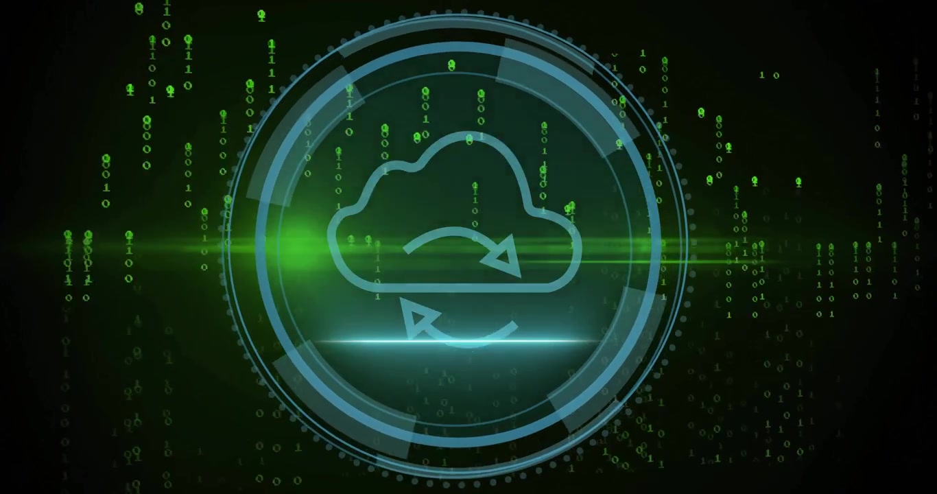 Binary digits cascading causing shield emerging, forming HUD ring showing secure cloud sync flow