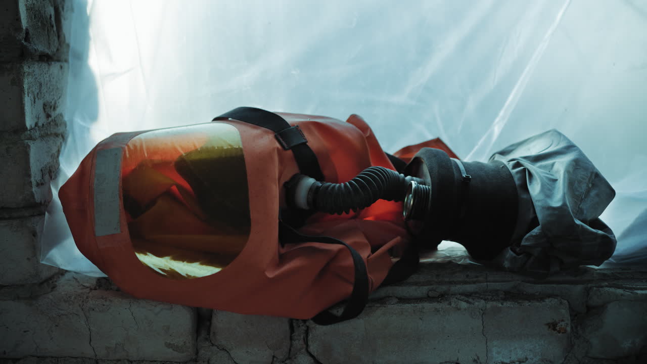 Primo piano di una maschera hazmat con copertura arancione e filtro nero appoggiata sul davanzale ruvido di una finestra su uno sfondo di plastica traslucida, a simboleggiare la sicurezza