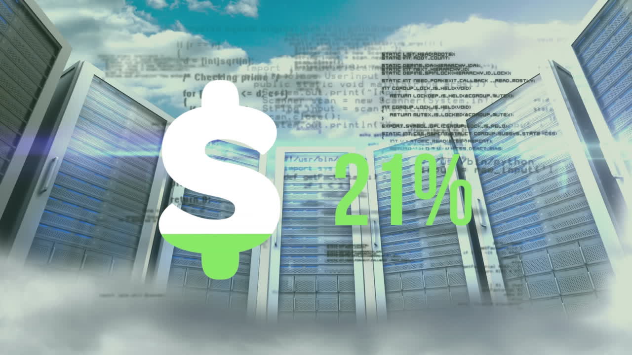 컴퓨터 서버 위에서 초록색으로 가득 찬 달러 통화 기호의 애니메이션