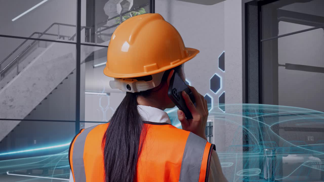 vista posterior cercana de una ingeniera asiática con casco de seguridad hablando en teléfono inteligente mientras está de pie con el concepto de vehículo eléctrico
