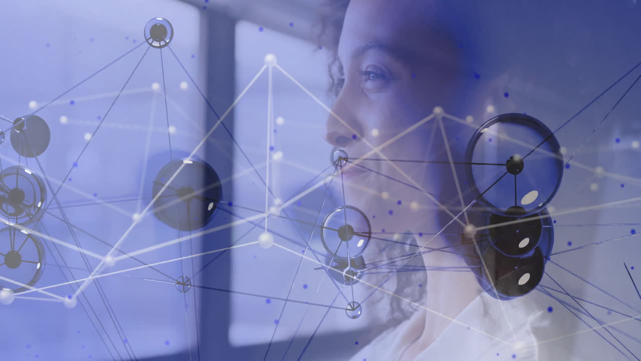 Network of connections and data processing animation over thoughtful person