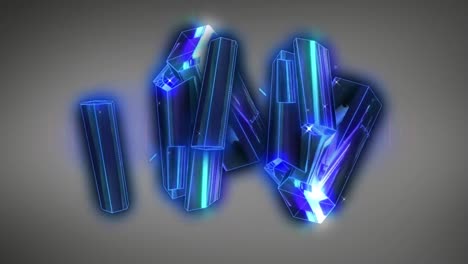 Animation-of-glowing-blue-crystal-shapes-spinning-against-grey-background