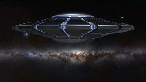 ovni, platillo volador giratorio, nave espacial alienígena con visitantes extraterrestres en el espacio exterior a través del espacio, bucle de 4k