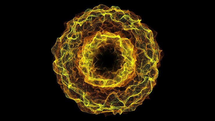 Energy circle particles wave futuristic glittering abstract isolated on black background.