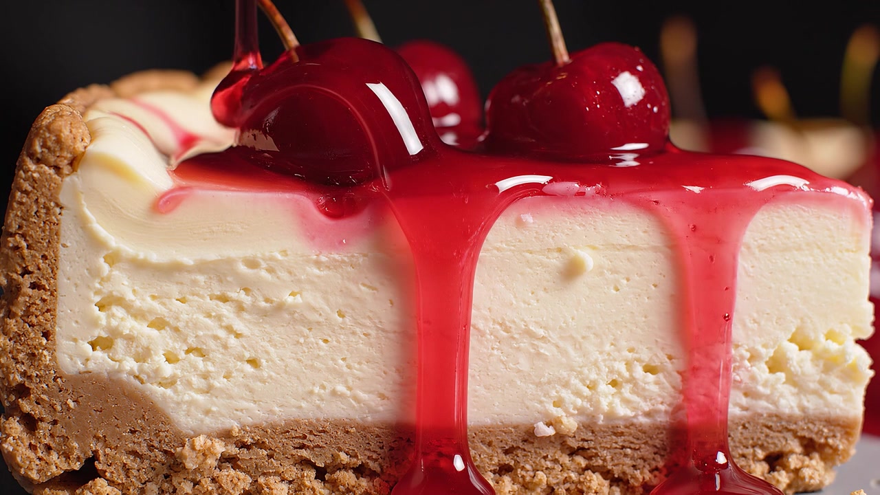Primo piano di una deliziosa fetta di cheesecake alle ciliegie con glassa che cola