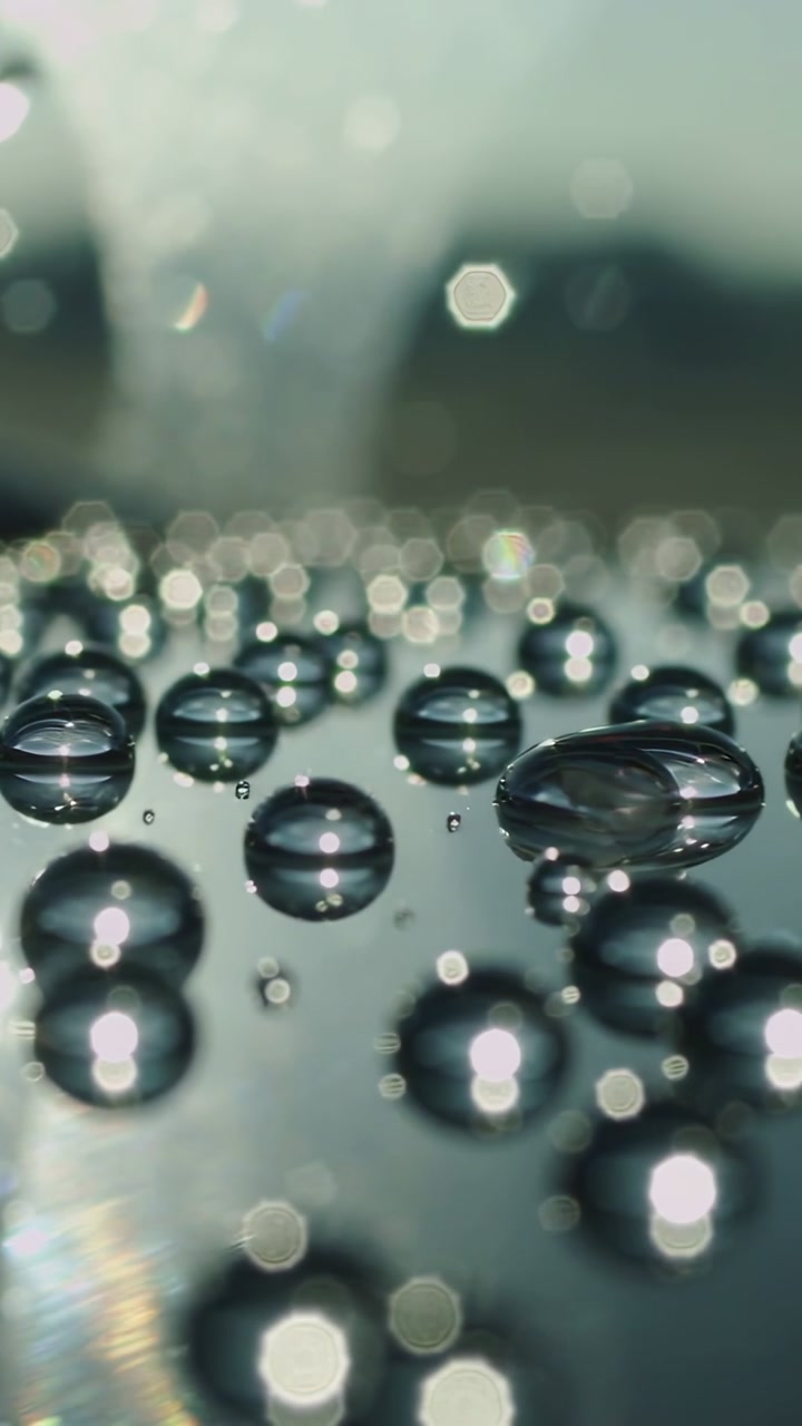 Glistening Water Droplets Reflecting Light with Bokeh Background