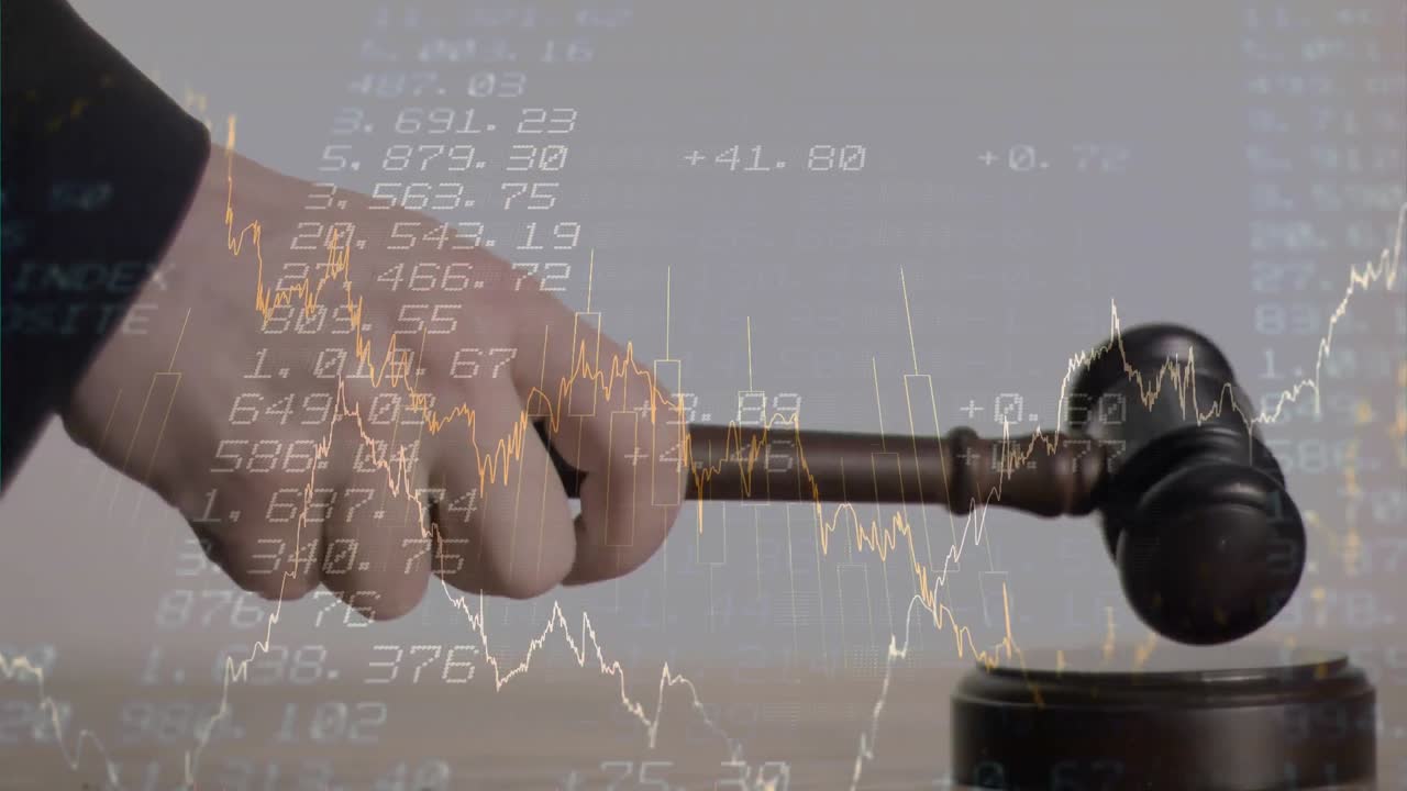 Animation of statistics and financial data processing over auctioneer's hammer