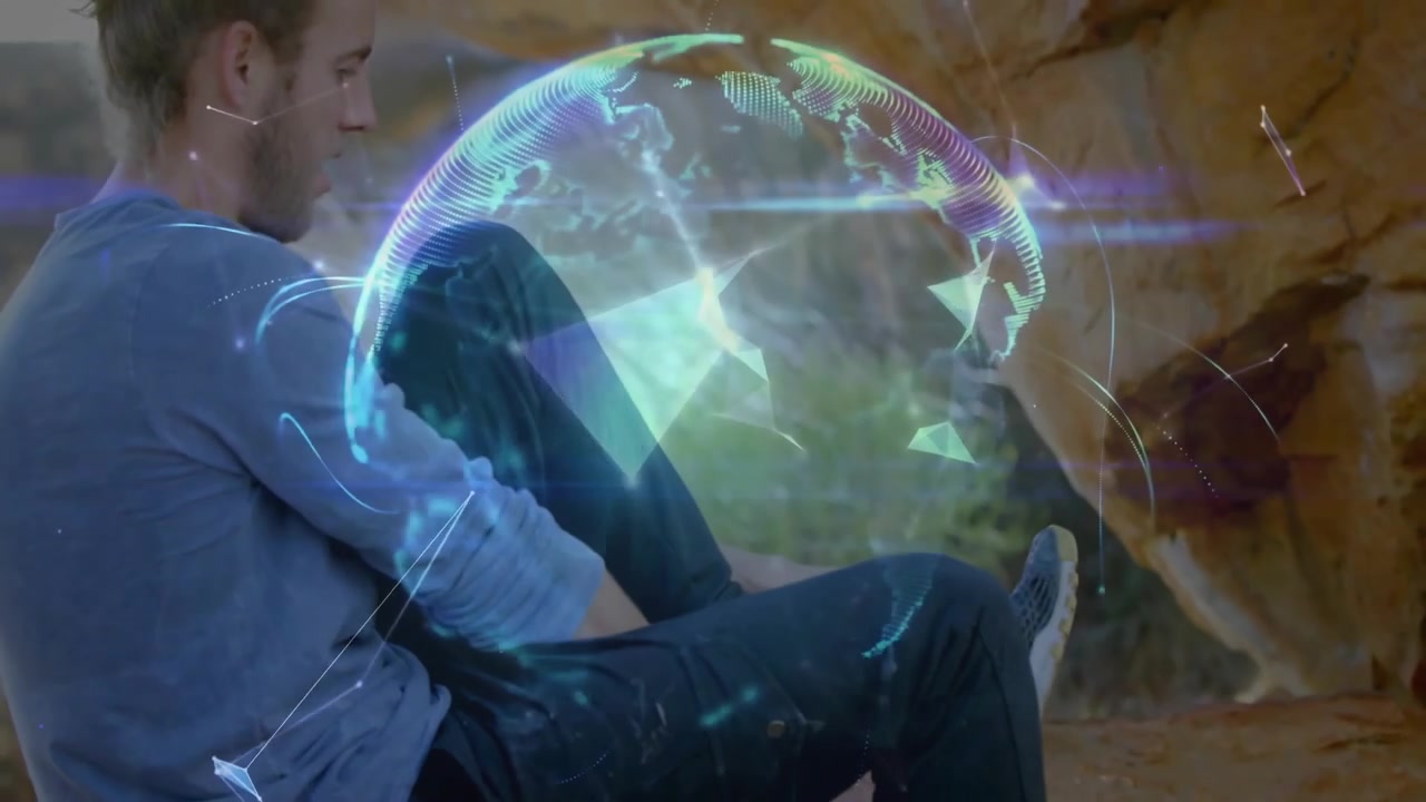 Homem levantando o sapato e amarrando o cadarço, ativando linhas tecnológicas e um globo giratório, visualizando a preparação para a caminhada.