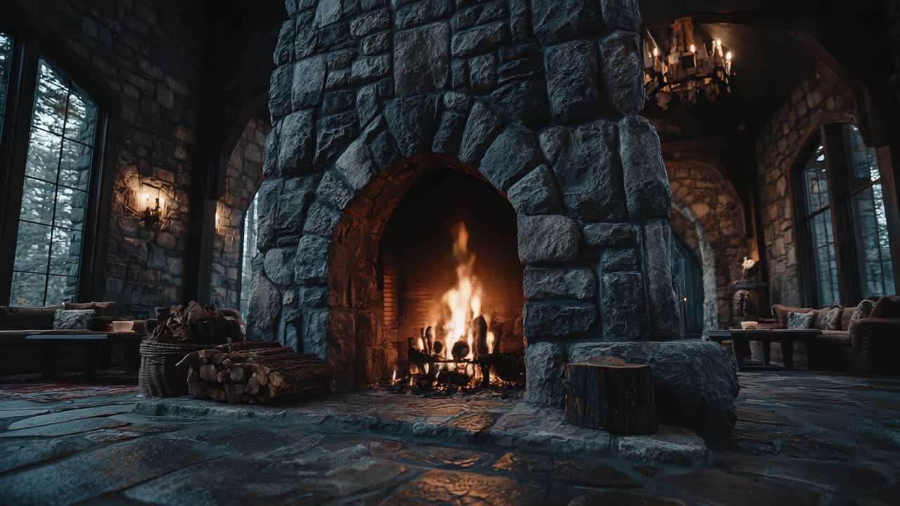 A Cozy Stone Hearth Emitting Warmth: A Serene View of a Rustic Fireplace Surrounded by Nature's Embrace, Inviting Comfort and Tranquility in a Historic Retreat