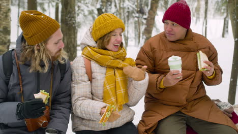 tres amigos sentados en el tronco de un árbol hablando y comiendo en un bosque nevado