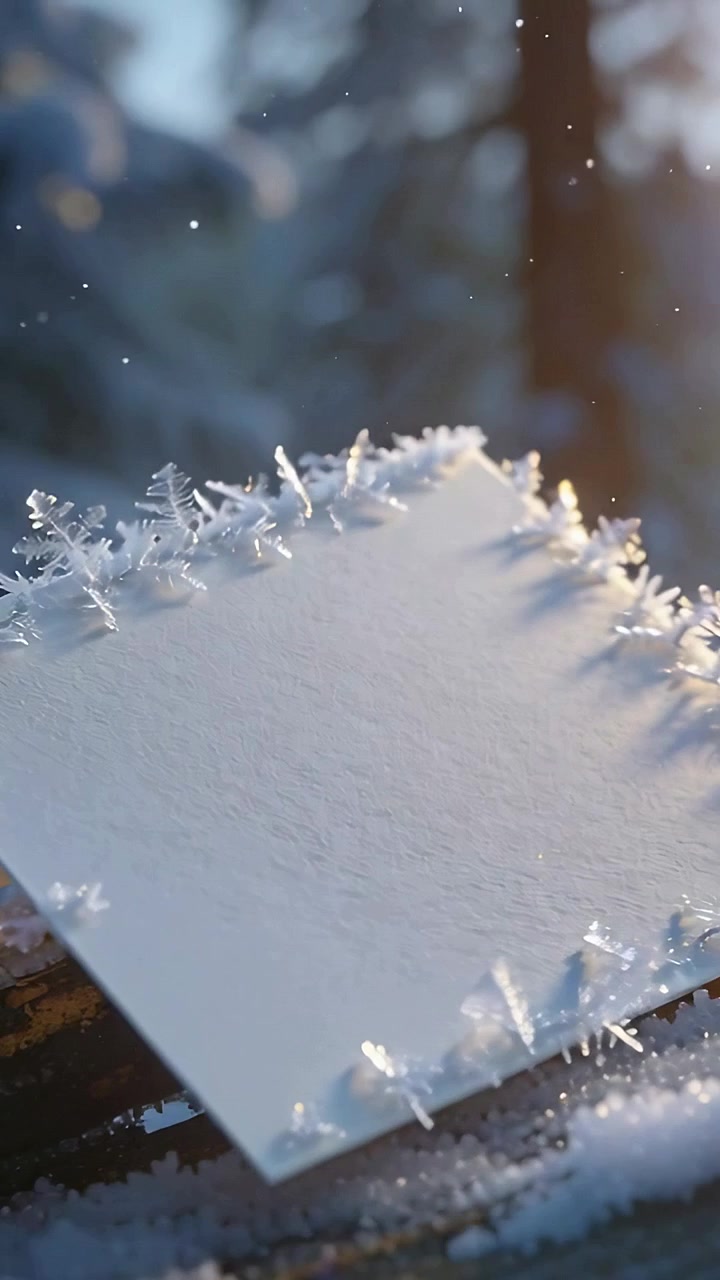 Vídeo vertical: Câmera recuando revelando cartão branco sobre tronco, geada brilhando sob a luz do sol