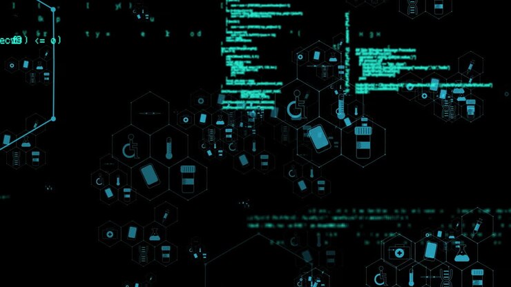 Animation of medical icons and data processing on black background