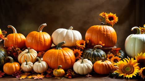 a group of pumpkins sitting on top of a wooden table