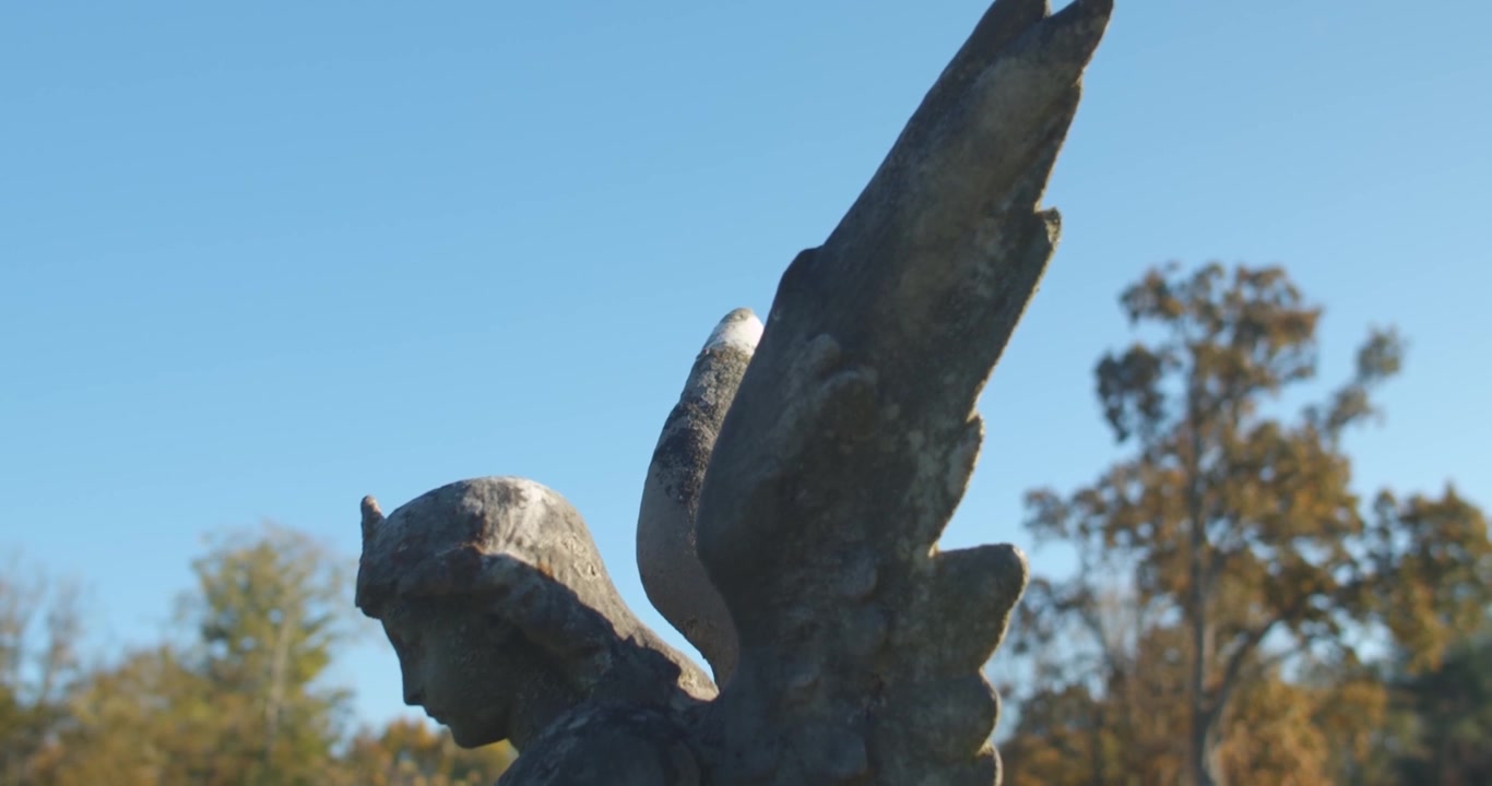 Una ripresa dinamica in tilt-down di una lapide adornata con una statua di angelo in cemento che tiene un fiore di plastica, con tombe sullo sfondo e sotto un cielo blu