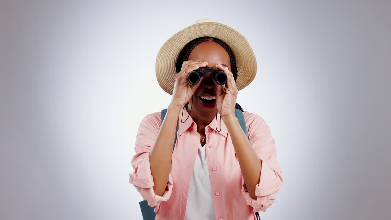 Hiking, binocular and happy black woman
