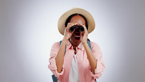 Hiking,-binocular-and-happy-black-woman