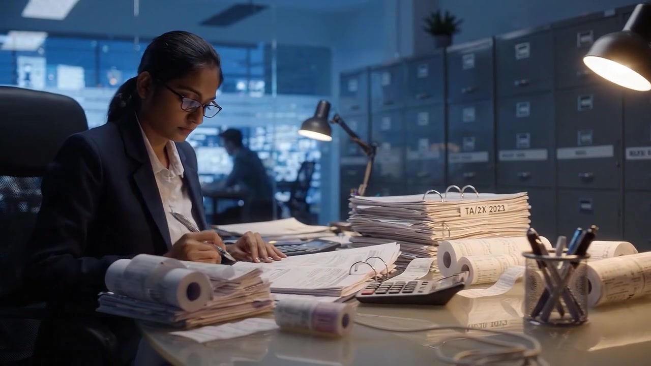 Focused Professional Working Late in an Office Analyzing Tax Documents with Papers and Stationery Amidst a Cluttered Desk and Bright Task Lighting