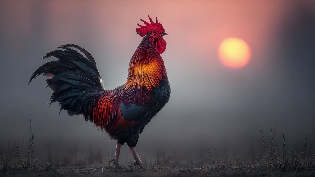 Un gallo maestoso che si pavoneggia con orgoglio sullo sfondo di una splendida alba, catturando l'essenza della natura e della vita rurale e simboleggiando il risveglio e i nuovi inizi.